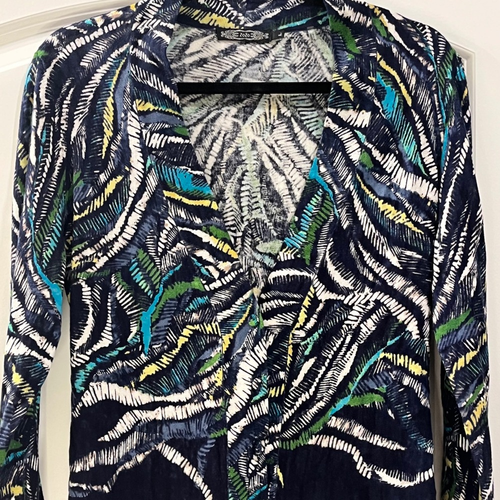 ZoZo Women Navy Blue Abstract Tropical Leaf Silk Blend Cardigan Sweater Large